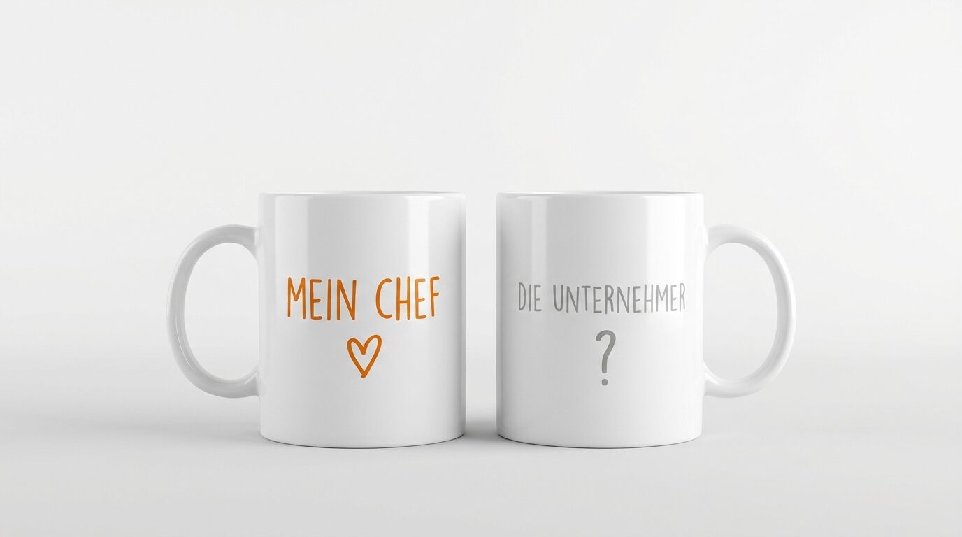 Zwei weiße Tassen mit deutscher Aufschrift nebeneinander vor weißem Hintergrund