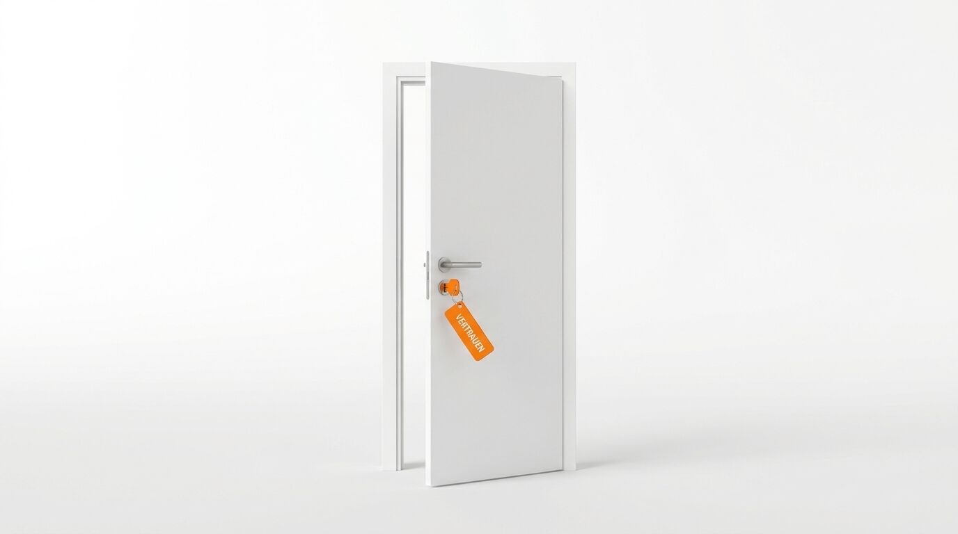 Weiße offene Tür mit Schlüssel und orangefarbenem Anhänger „VERTRAUEN“ vor weißem Hintergrund