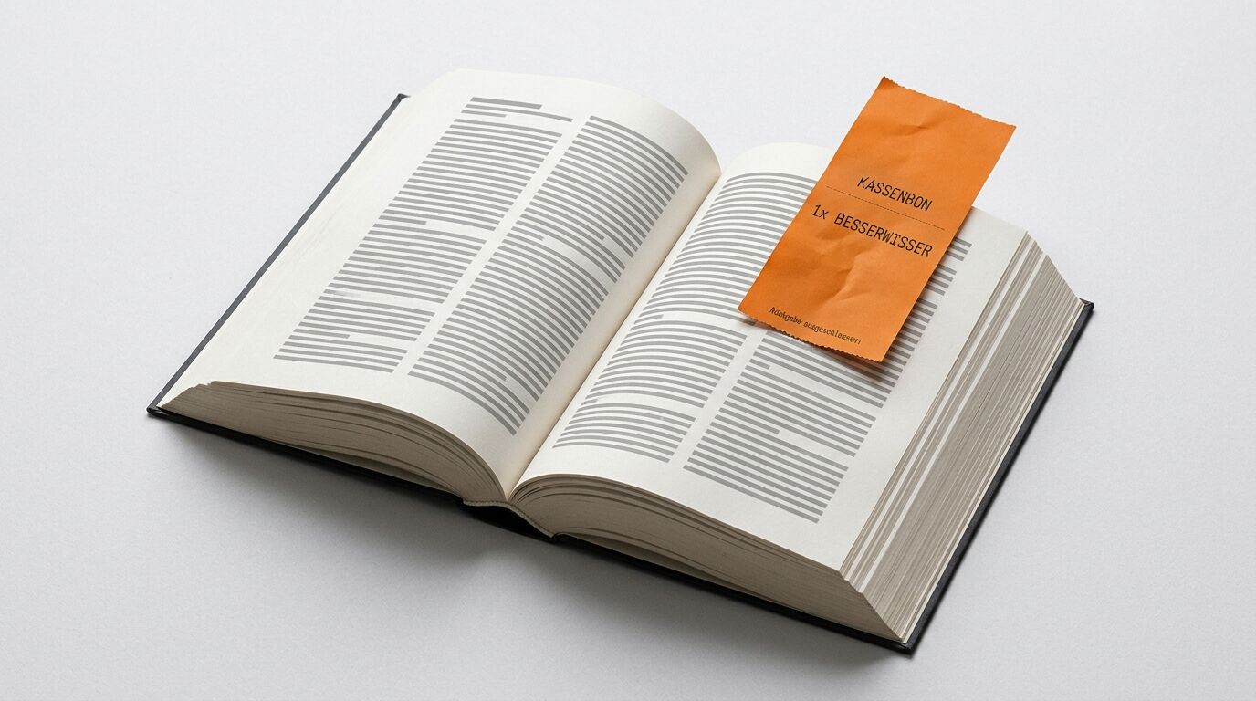 Offenes Buch mit Zensurstrichen und einem orangen Kassenzettel