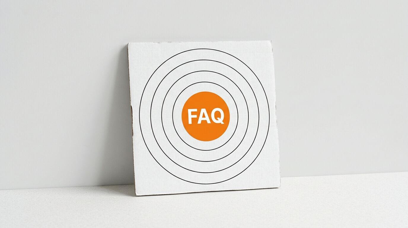 Bild einer Zielscheibe mit dem Wort „FAQ“ in der Mitte, das an einer weißen Wand lehnt