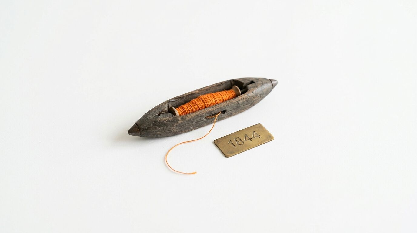 Weberschiffchen aus Holz mit orangem Garn und Messingplakette mit der Jahreszahl 1844