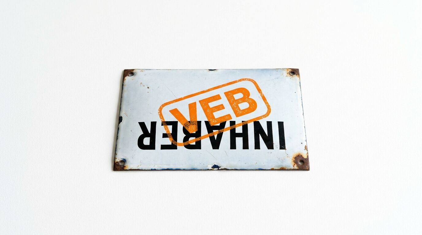 Verrostetes Emailleschild mit Kopfstand-Text „INHABER“, überstempelt mit orangefarbenem „VEB“
