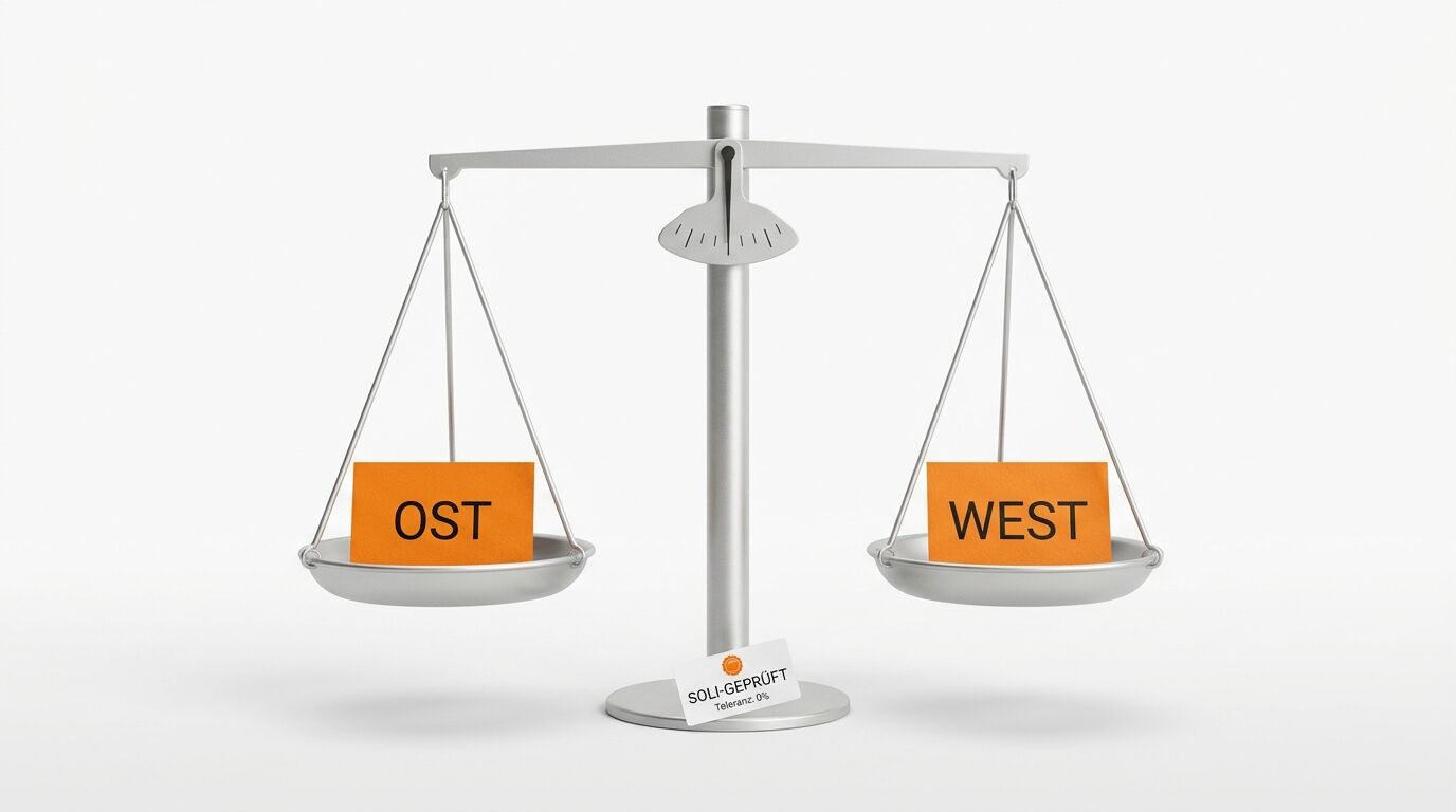 Eine Waage im Gleichgewicht mit orangefarbenen Schildern, die „OST“ und „WEST“ tragen