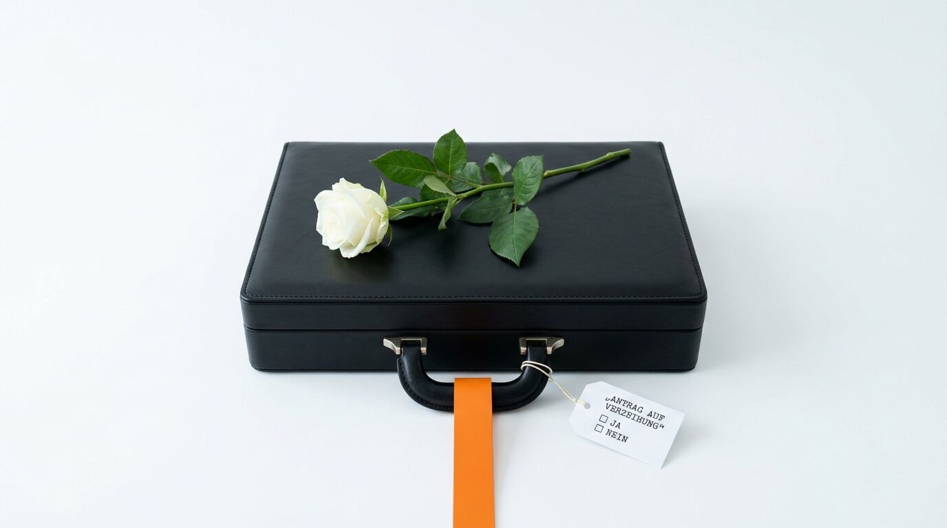 Schwarzer Koffer, weiße Rose, orangefarbenes Band und Anhänger mit Aufschrift