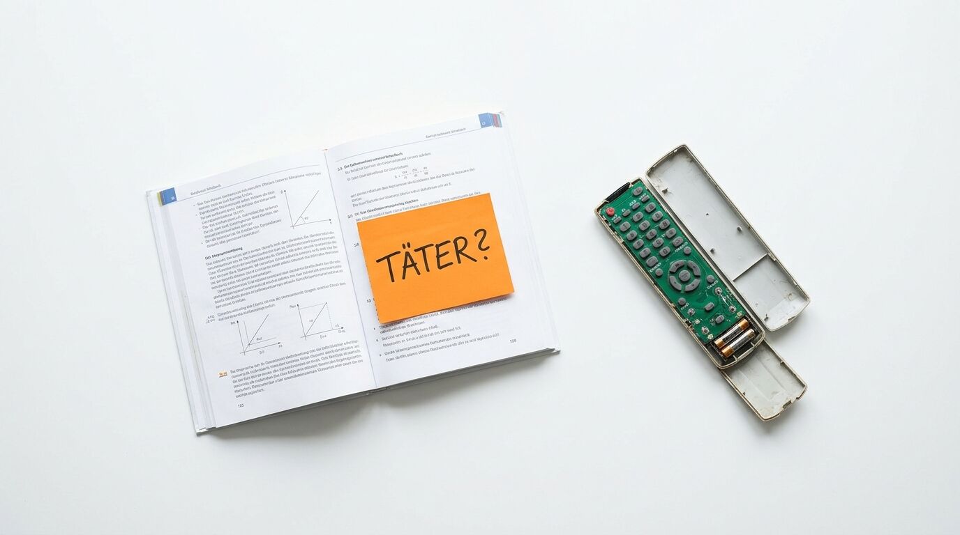 Offenes Buch mit „Täter?“-Notiz und zerlegte Fernbedienung auf weißem Grund