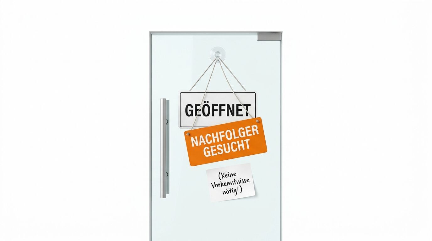 Glastür mit Schildern „GEÖFFNET“, „NACHFOLGER GESUCHT“ und Notizzettel „(Keine Vorkenntnisse nötig!)“