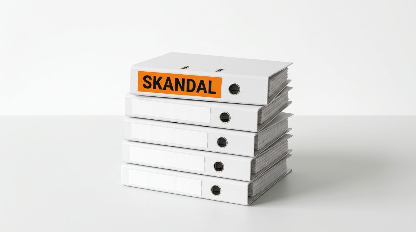 Ein Stapel Aktenordner, der oberste mit dem Text SKANDAL auf orangefarbenem Grund