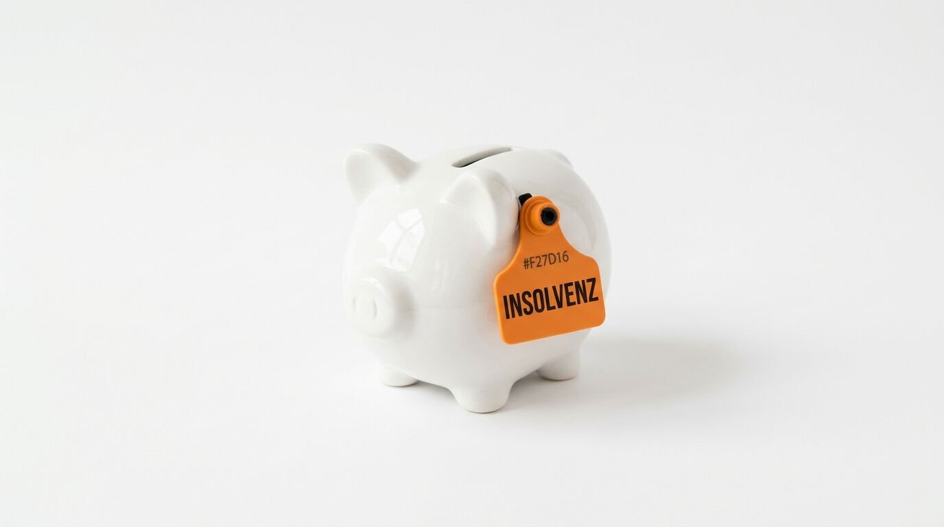 Weißes Sparschwein mit oranger Ohrmarke „INSOLVENZ“ auf weißem Hintergrund
