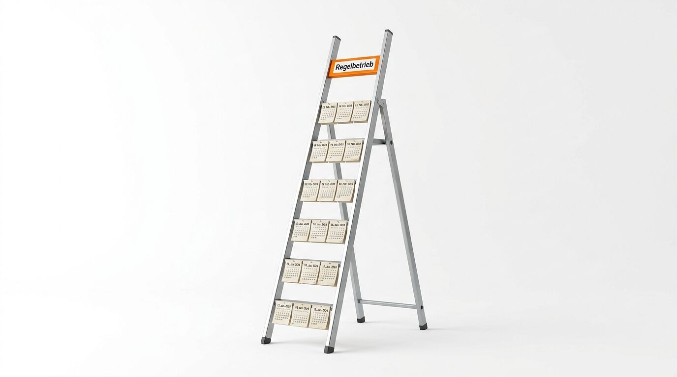 Leiterregal aus Aluminium mit Kalendern auf sechs Ebenen, orange "Regelbetrieb" Flagge oben