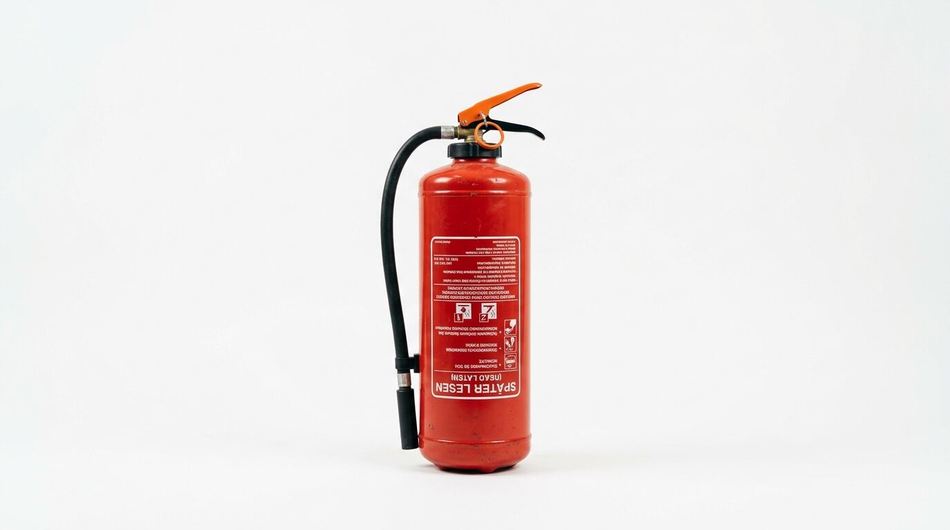 Roter Feuerlöscher mit schwarzem Schlauch und orange-schwarzem Griff auf weißem Hintergrund