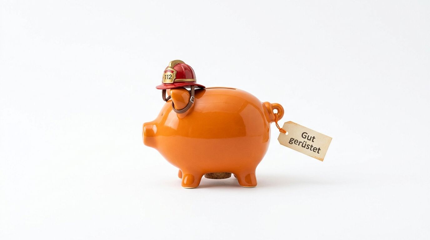 Ein oranges Sparschwein mit Feuerwehrhelm trägt ein Schild mit der Aufschrift "Gut gerüstet"