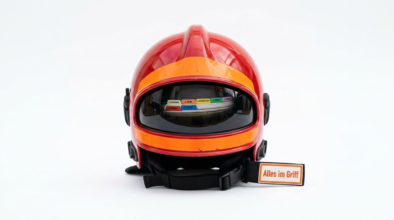 Roter und orangefarbener Helm mit schwarzem Visier und Kinnriemen. Etikett mit Text "Alles im Griff"