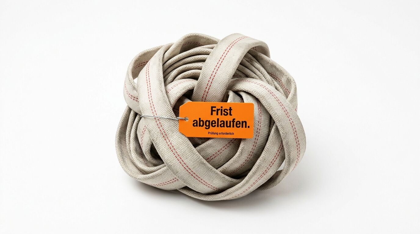 Zusammengerolltes beiges Seil mit orangem Etikett, auf dem "Frist abgelaufen" steht
