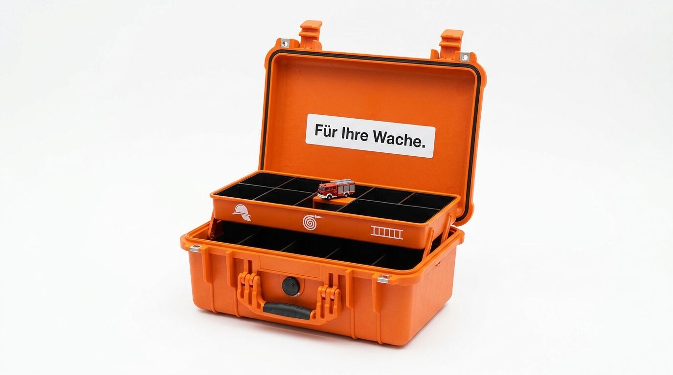 Orangener Kunststoffkoffer mit Schubladeneinsätzen, Tragegriffen und Feuerwehrauto-Dekoration. Label: "Für Ihre Wache"