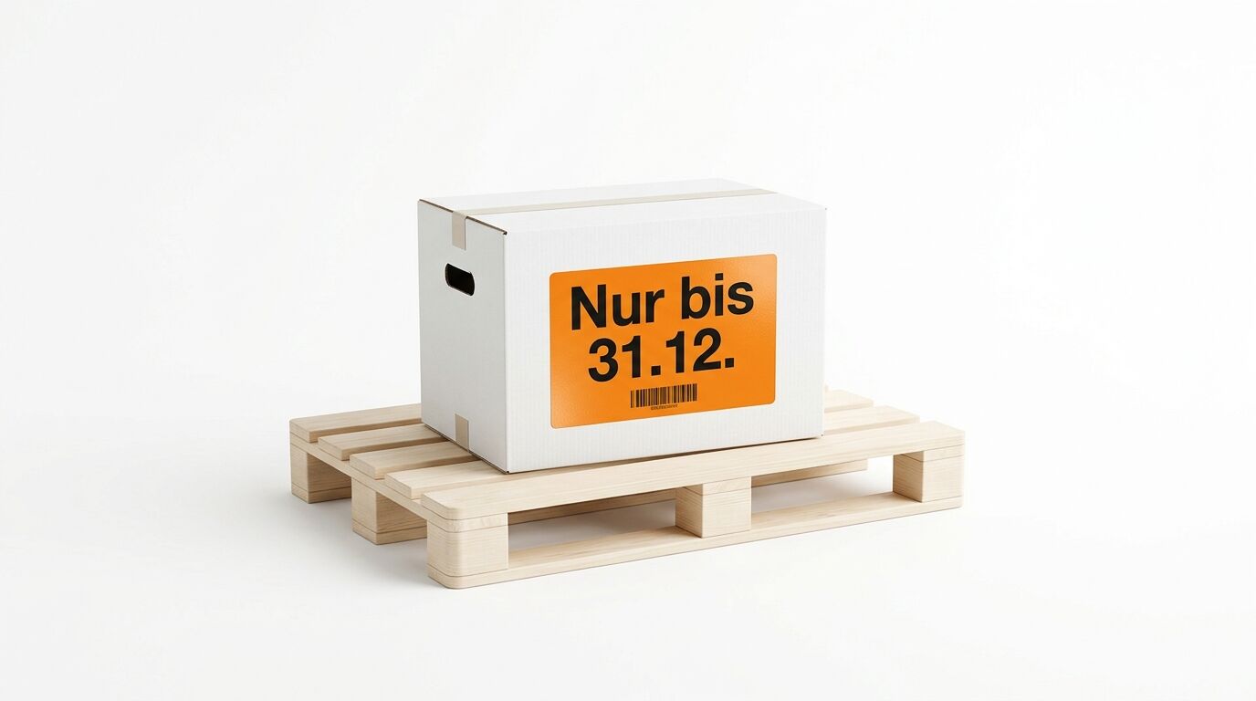 Eine weiße Pappschachtel mit einem orangefarbenen Etikett auf einer Holzpalette
