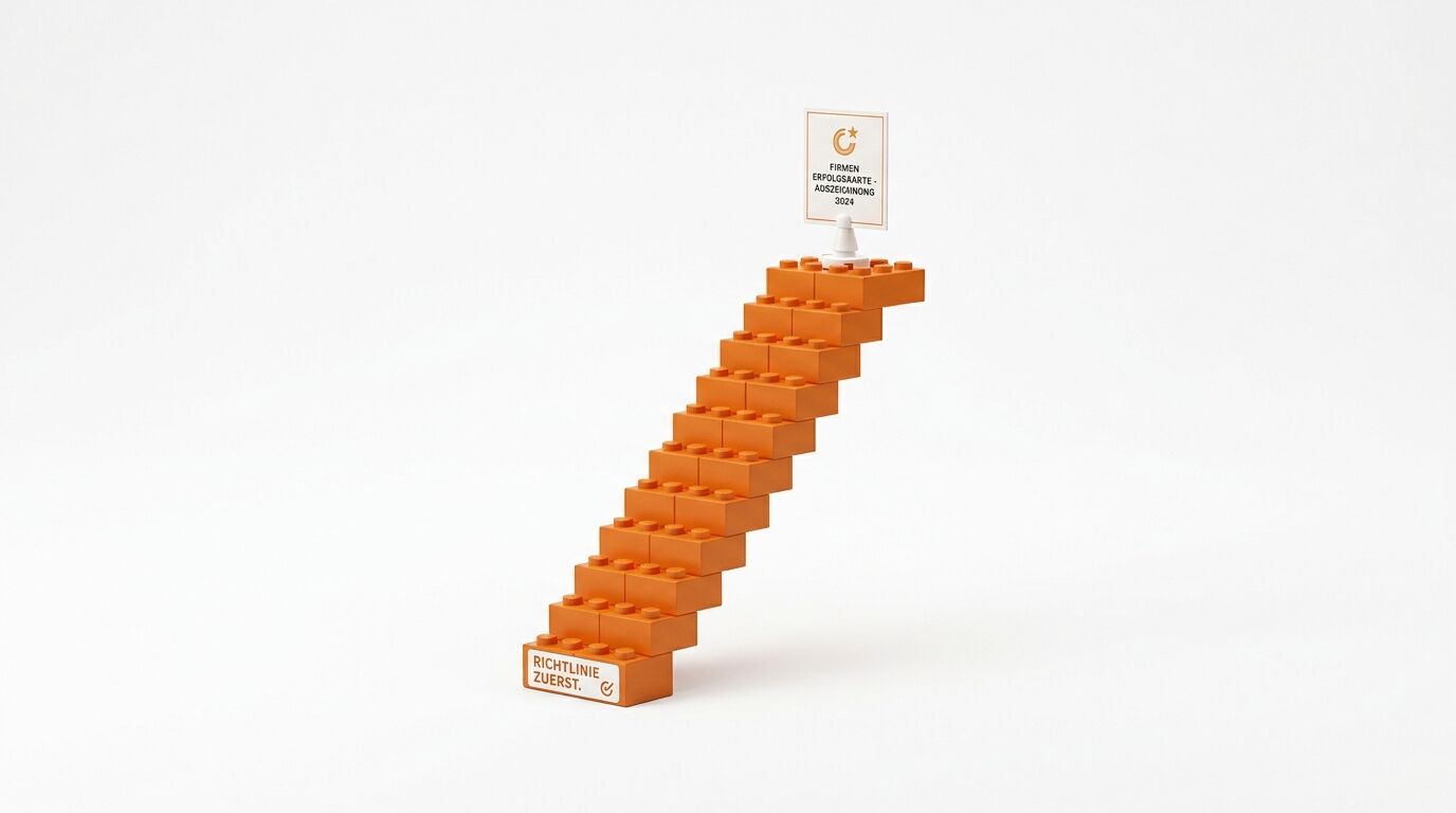 Eine Treppe aus orangefarbenen Bausteinen mit einem Schild oben und einer Plakette unten, auf grauem Hintergrund