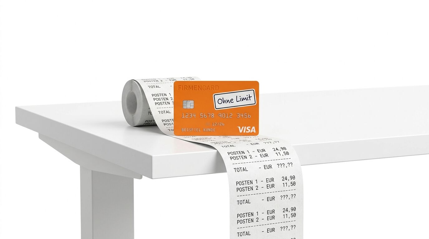 Orange Visa-Kreditkarte "Ohne Limit" auf weißem Tisch mit Kassenbelegen und Bonrolle