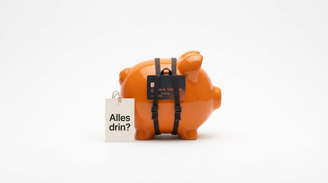 Oranges Sparschwein mit schwarzem Rucksack und Kreditkarte, daneben ein Schild mit "Alles drin?"
