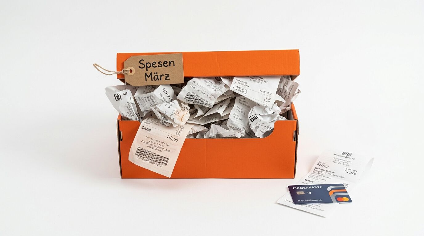 Orangene Schachtel mit Etikett "Spesen März" gefüllt mit Kassenbons, Quittungen und einer Firmenkarte