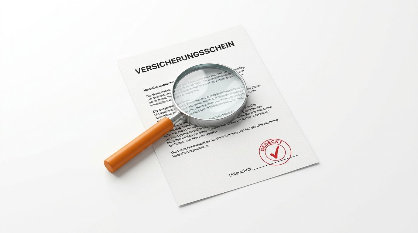 Ein Versicherungsschein mit Lupe und "Geprüft"-Stempel, symbolisiert Überprüfung und Validierung von Versicherungsdokumenten