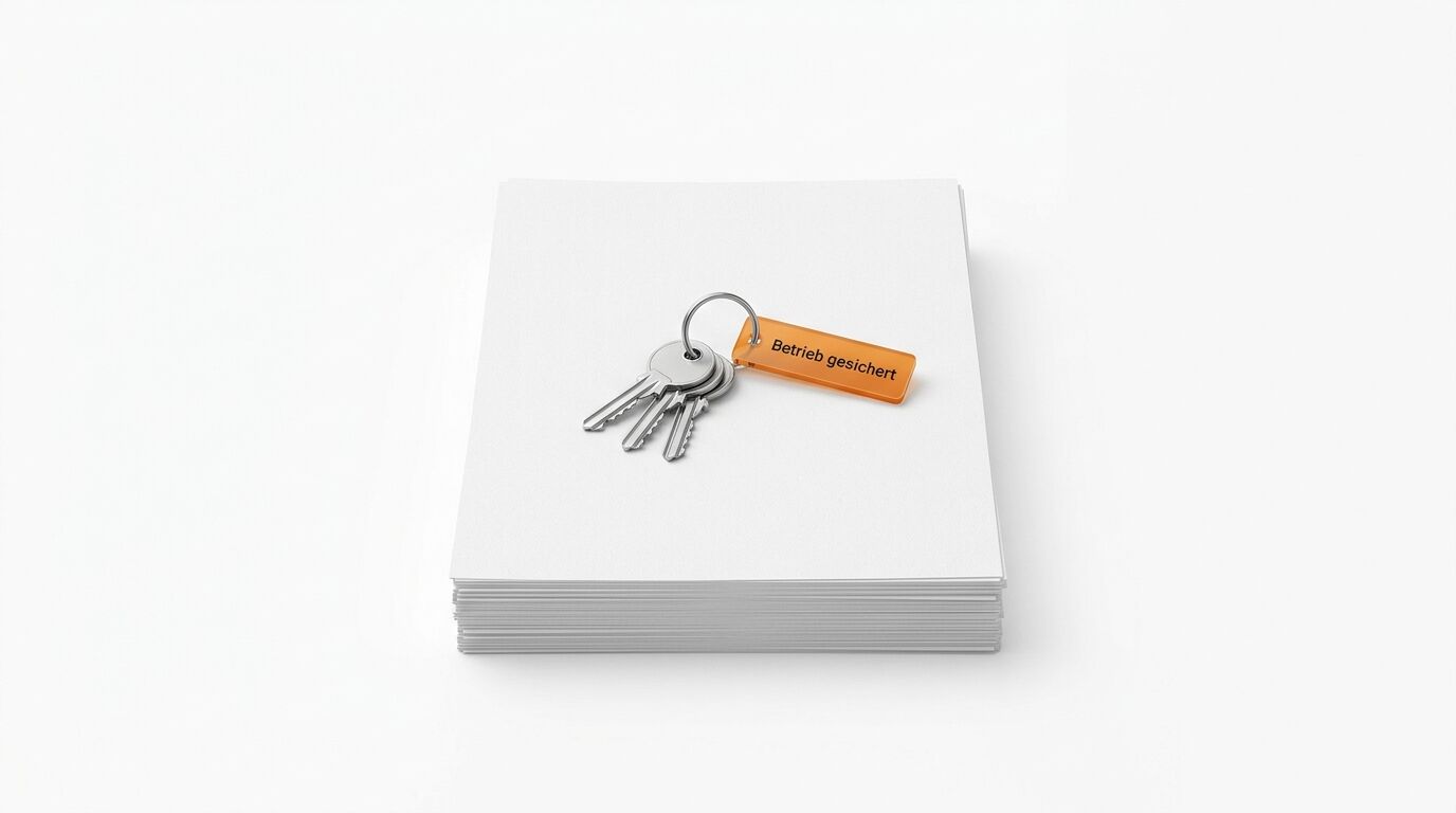 Ein Stapel weißer Papierblätter mit einem Schlüsselbund, an dem ein oranges Schild mit der Aufschrift "Betrieb gesichert" hängt