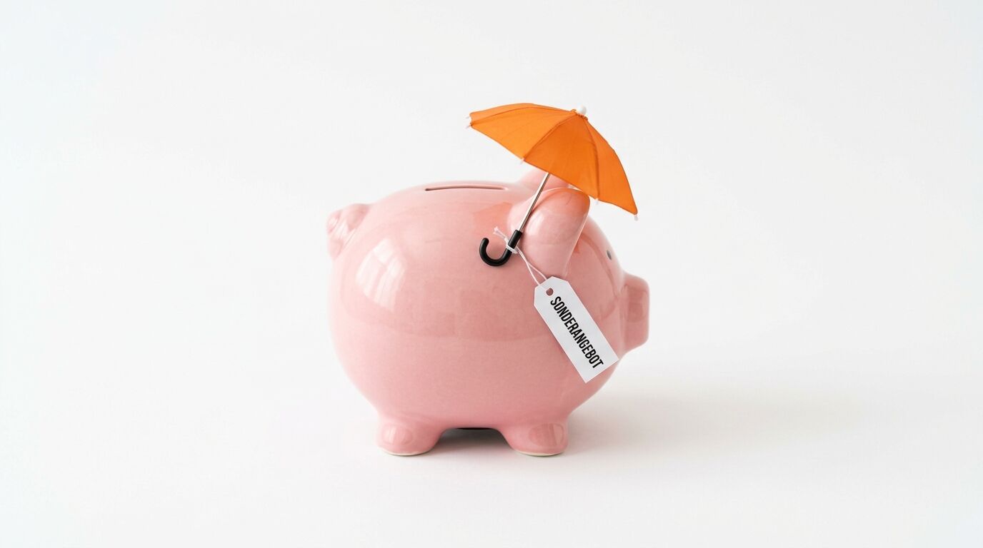 Rosa Sparschwein mit orangem Regenschirm und Etikett "Sparbringscout" vor weißem Hintergrund