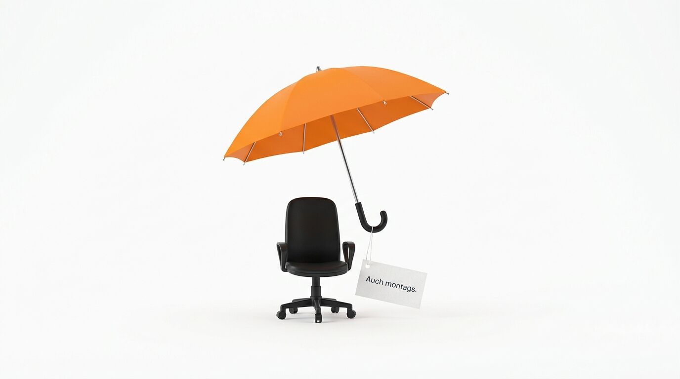 Ein schwarzer Bürostuhl unter einem orangenen Regenschirm mit einer Etikette "Auch montags"