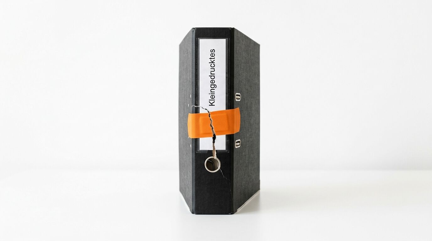 Ein grauer und schwarzer Ordner mit orangem Verschlussband und Schlüssel, beschriftet mit "Kleingedrucktes"