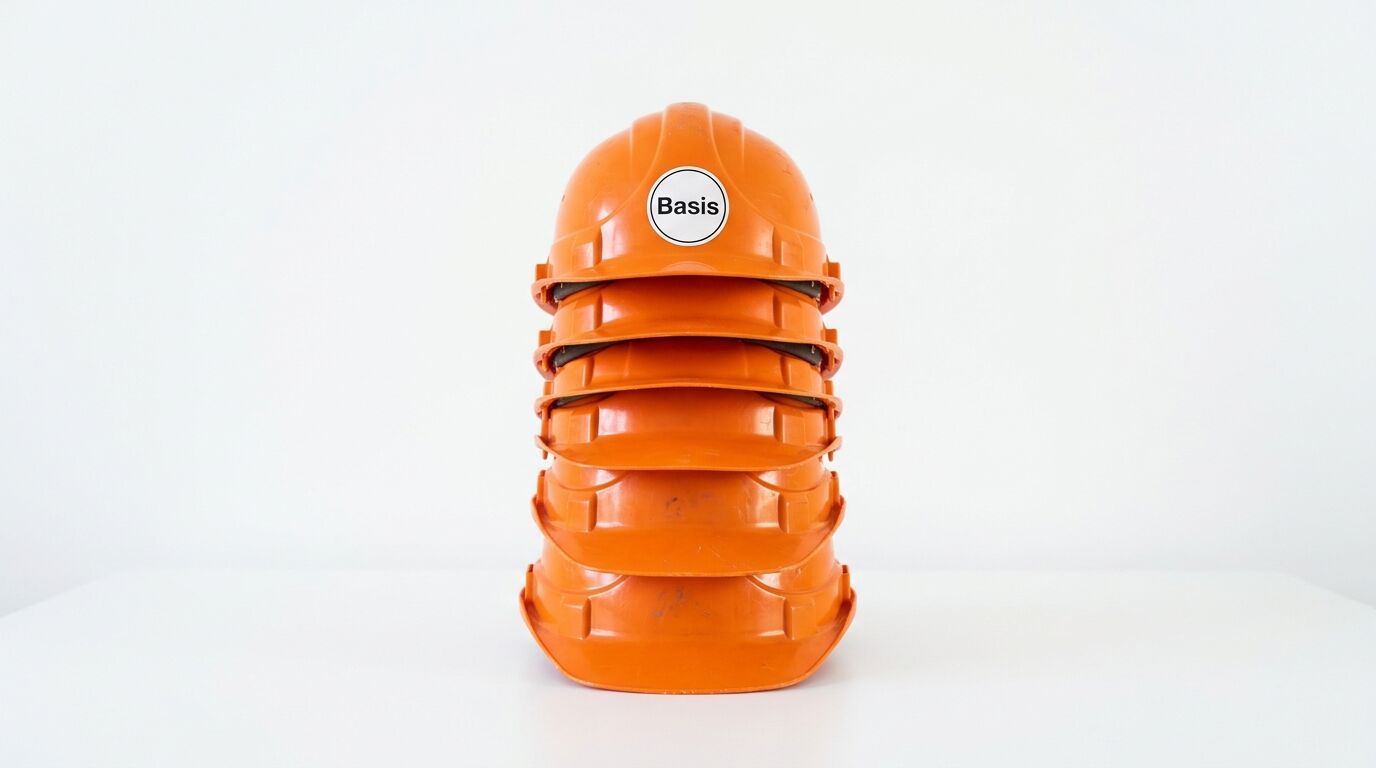 Ein orangener Schutzhelm mit mehreren Schalen, auf dem ein weißes Schild mit der Aufschrift "Basis" angebracht ist