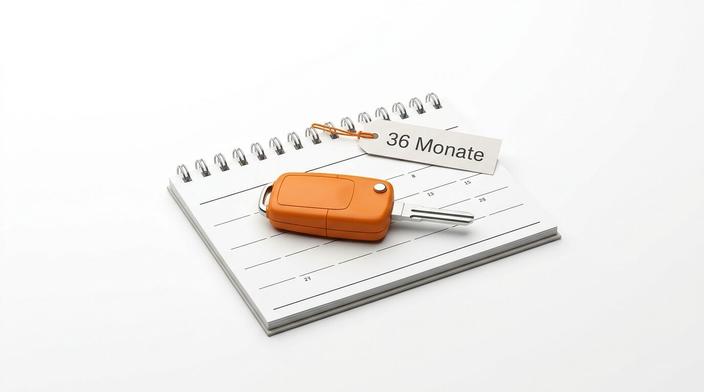 Spiralblock mit orangefarbenem Autoschlüssel und Etikett "36 Monate" auf Kalenderseite