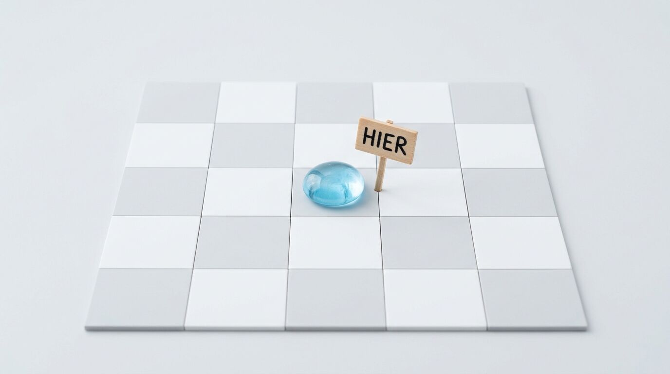 Ein blauer Glasstein und ein Holzschild mit der Aufschrift „HIER“ stehen auf einem grauen Schachbrettmuster