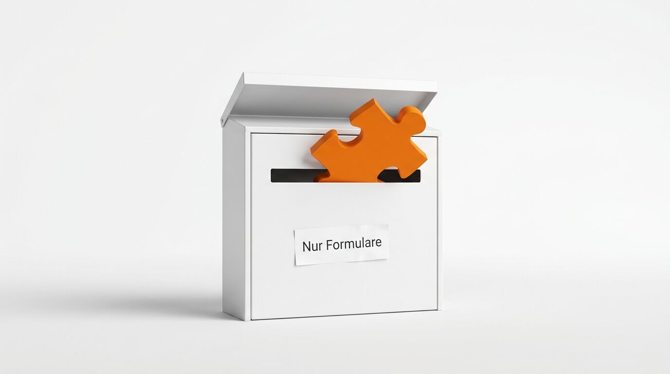 Briefkasten mit orangefarbenem Puzzleteil und Aufschrift „Nur Formulare“