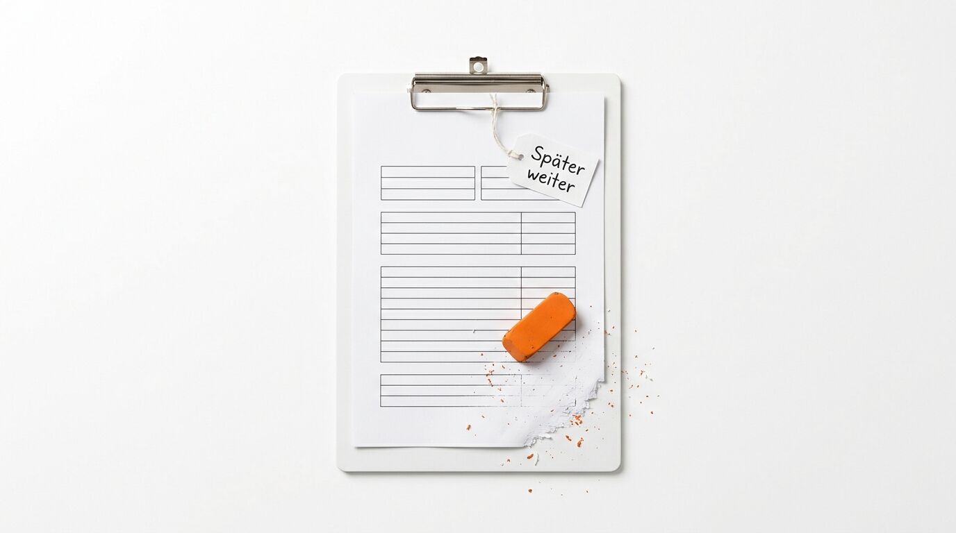 Klemmbrett mit Formular, Anhänger „Später weiter“ und orangefarbenem Radierer, der das Papier reißt