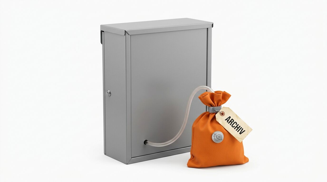 Grauer Briefkasten mit Rohrverbindung zu orangem Stoffsack mit „ARCHIV“-Schild