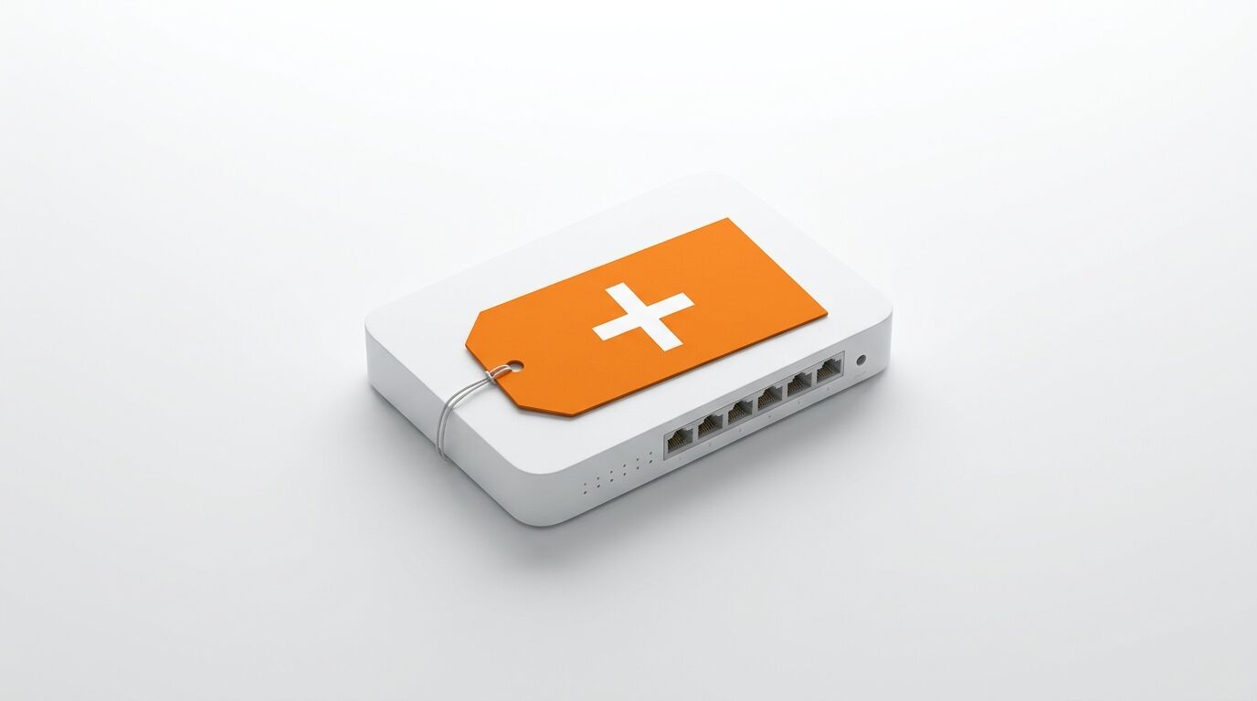 Weißer Switch mit orangefarbenem Anhänger und weißem Kreuzsymbol vor hellem Hintergrund