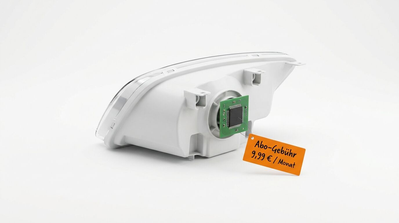 Autoscheinwerfer-Rückseite mit Chip und orangem Anhänger „Abo-Gebühr 9,99 € / Monat“