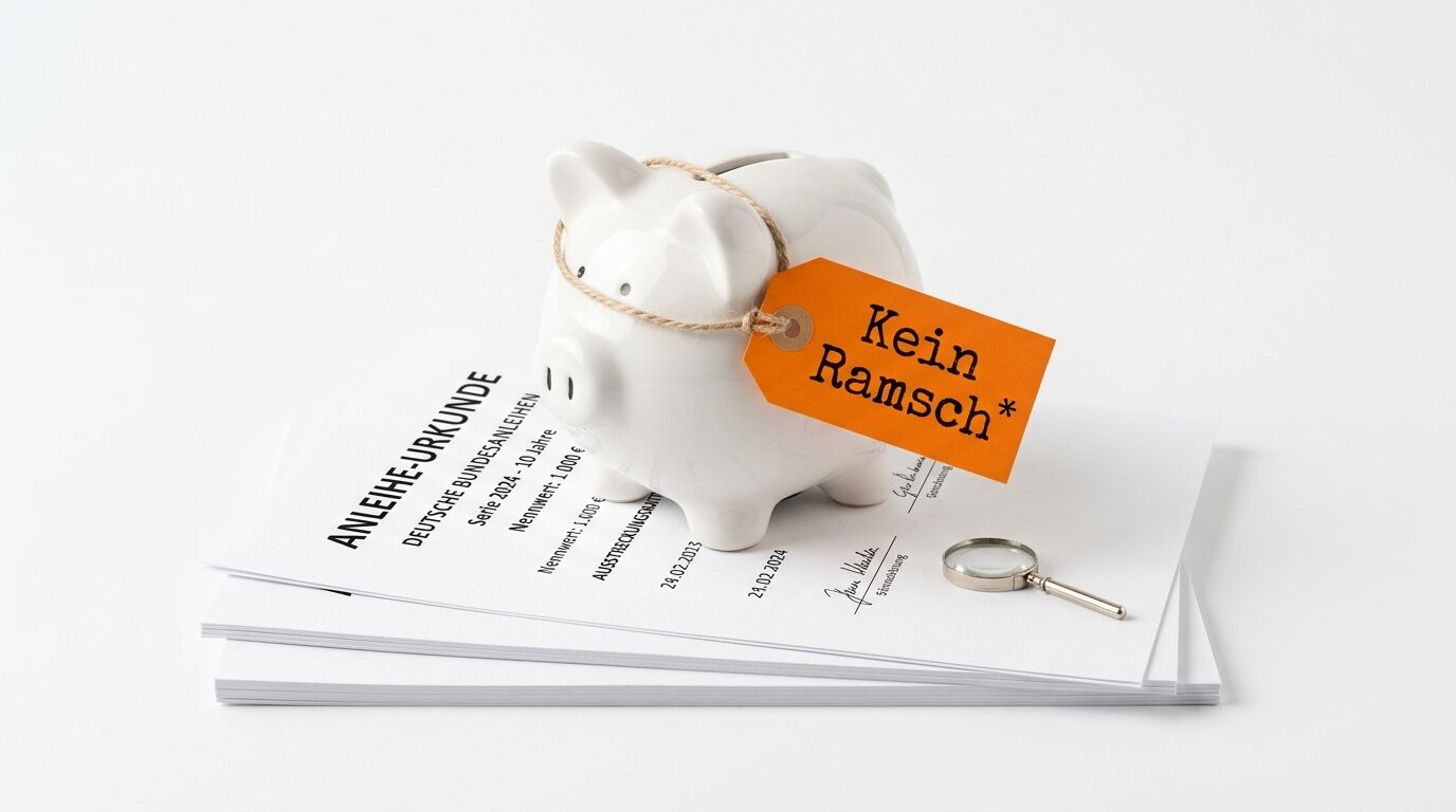 Ein Sparschwein mit „Kein Ramsch“-Anhänger und Lupe auf einer Bundesanleihe-Urkunde