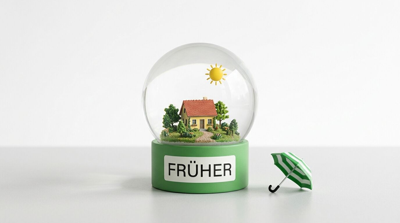 Glaskugel mit Haus und Sonne auf Sockel „FRÜHER“ sowie grüner Miniatur-Regenschirm
