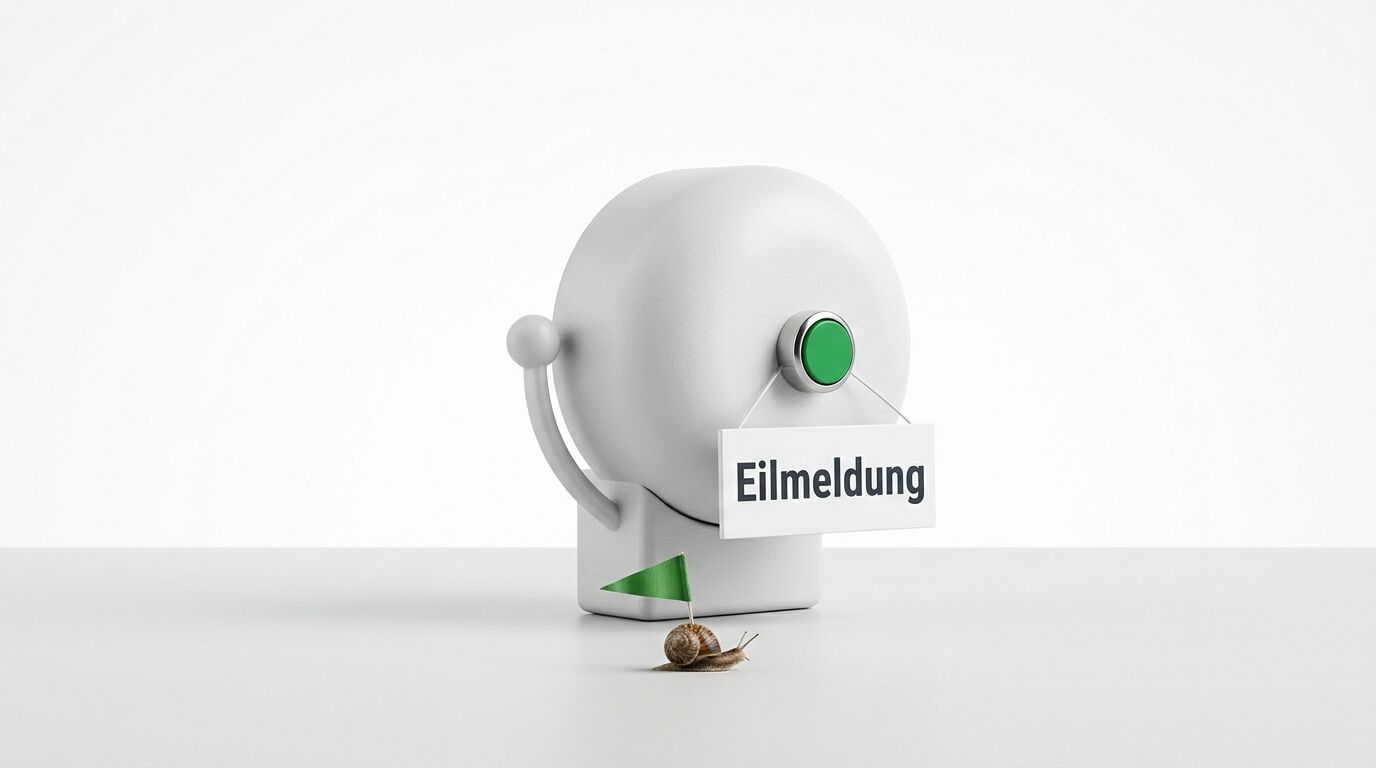 Weiße Alarmglocke mit Schild „Eilmeldung“ und davor Schnecke mit grüner Fahne