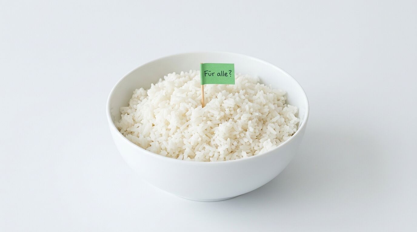 Schale mit Reis, grünem Fähnchen und Aufschrift „Für alle?“ auf weißem Grund
