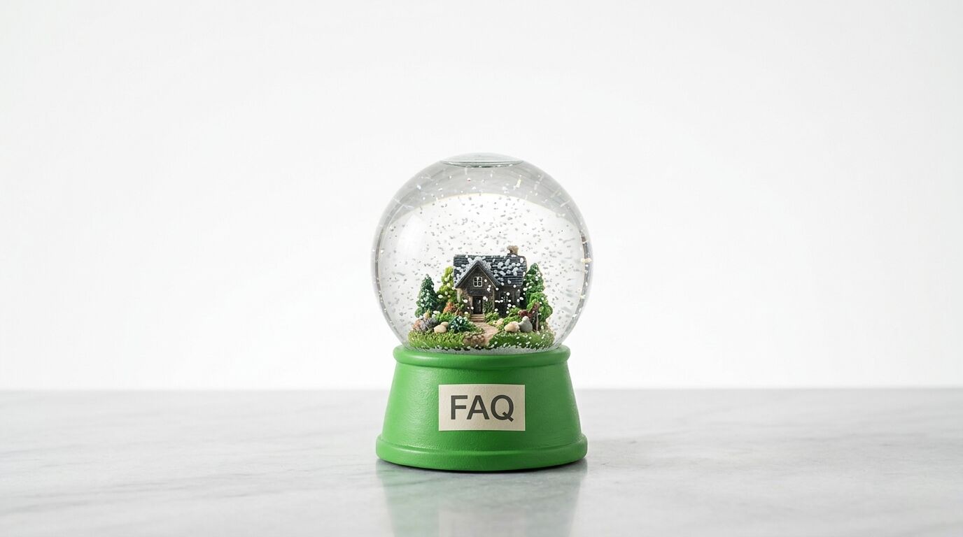Schneekugel mit Haus auf grünem Sockel, beschriftet mit „FAQ“, vor hellem Hintergrund