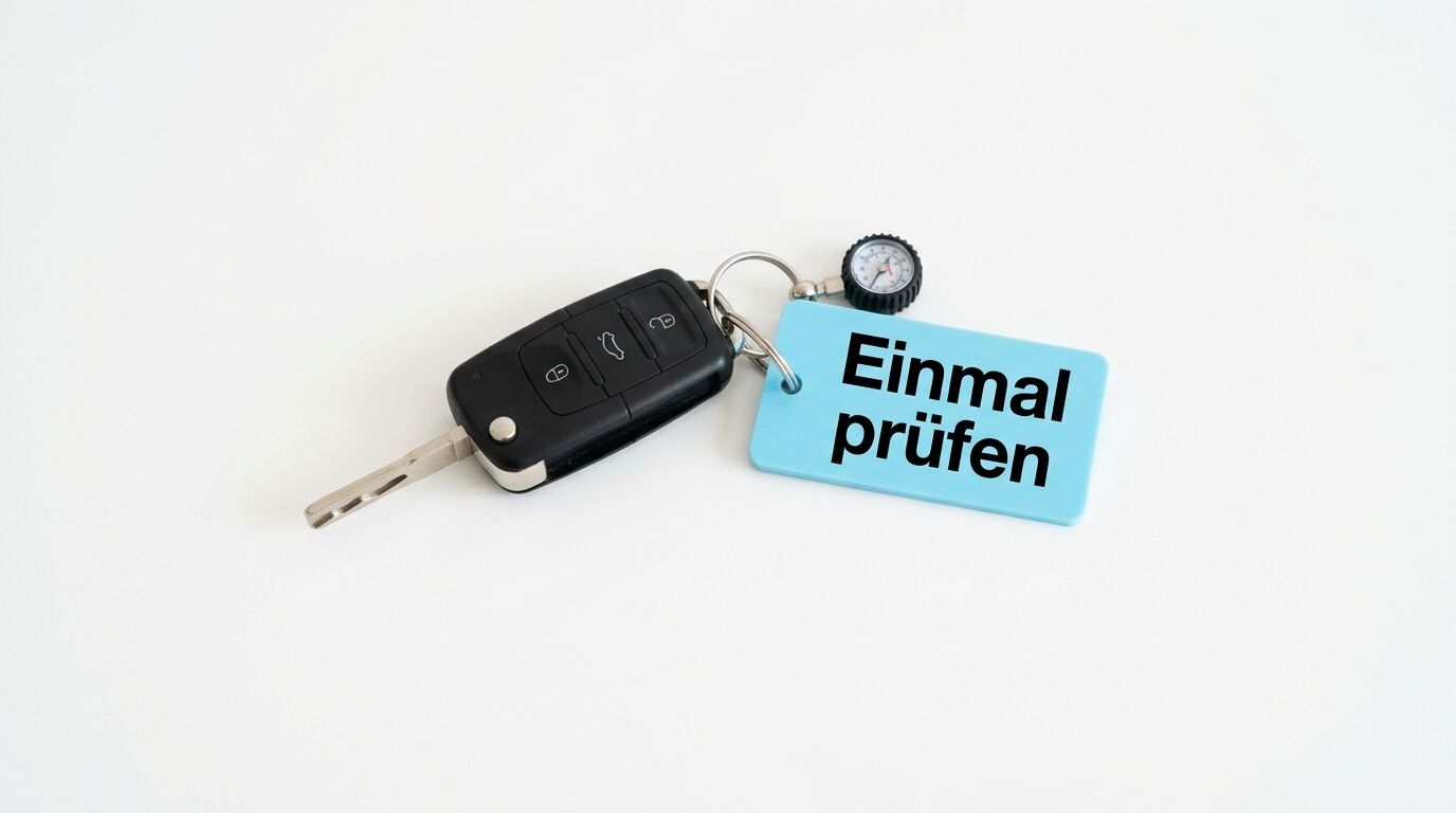 Ein Autoschlüssel mit Anhänger „Einmal prüfen“ und Manometer auf weißem Grund