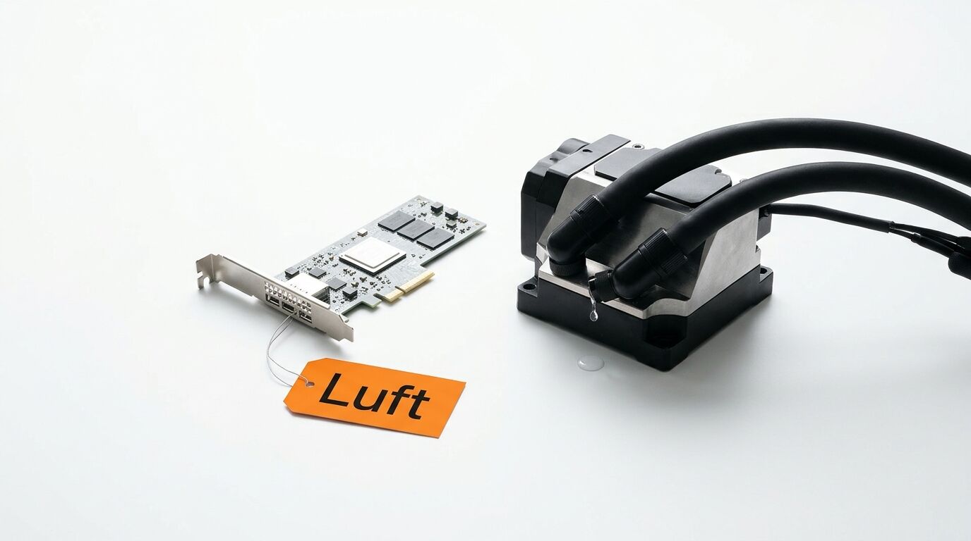 PCIE-Karte und tropfende Pumpe auf Weiß, orangefarbenes Schild „Luft“ an Karte