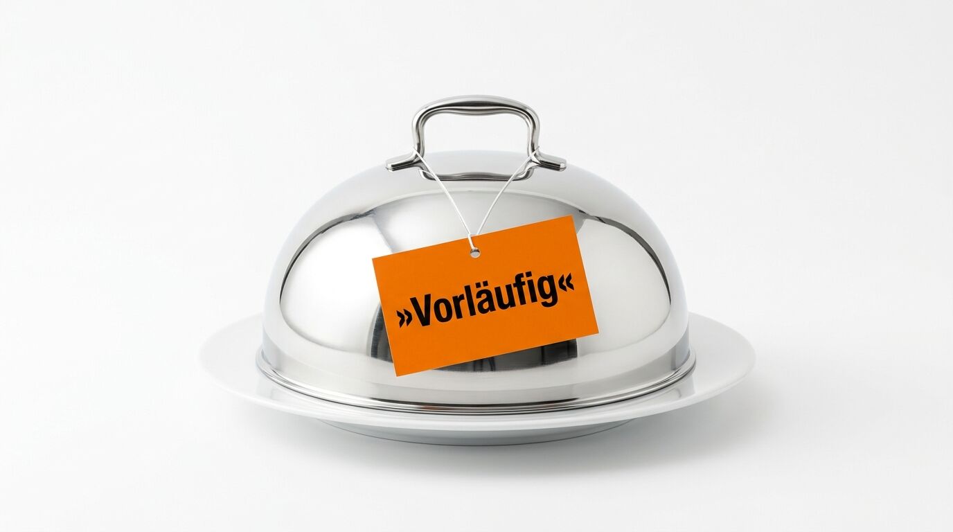 Silberne Servierhaube mit orangefarbenem Schild: »Vorläufig«