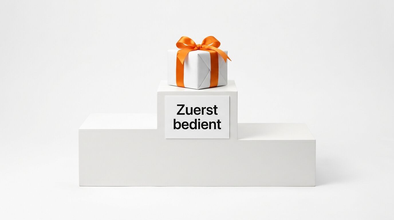 Ein weißes Siegerpodest mit Geschenk und Aufschrift „Zuerst bedient“ vor hellem Hintergrund