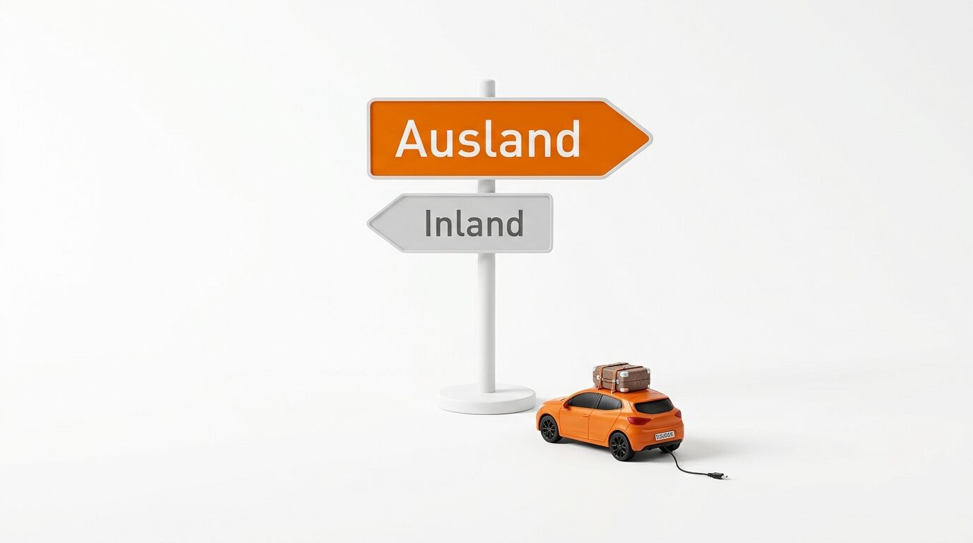 Ein oranges Modellauto mit Koffer neben Wegweisern für Ausland und Inland auf weißem Grund