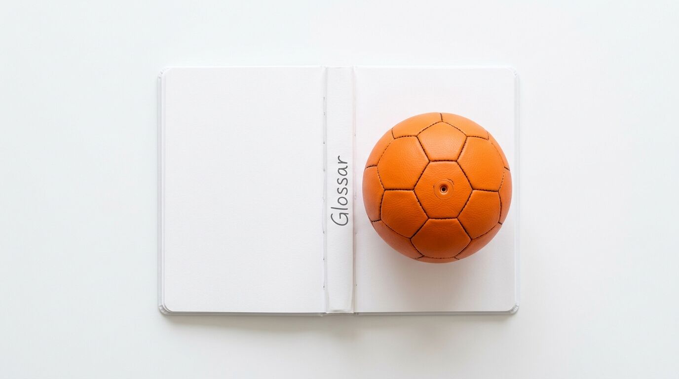 Aufgeschlagenes Notizbuch mit „Glossar“-Schriftzug und oranger Fußball