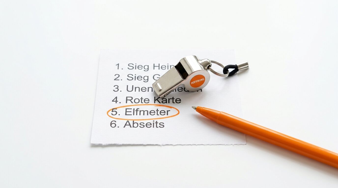 Pfeife und Stift auf Liste mit eingekreistem Wort „Elfmeter“ vor weißem Hintergrund