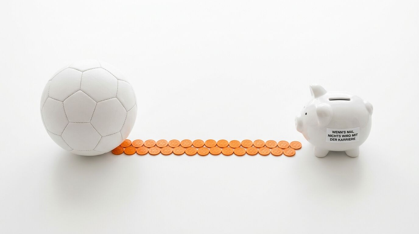 Weißer Fußball und Sparschwein, verbunden durch zwei Reihen orangefarbener Münzen auf Weiß