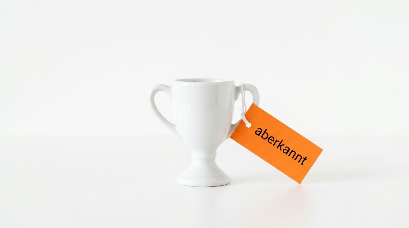 Ein weißer Keramik-Pokal mit orangefarbenem Anhänger und dem Aufdruck 'aberkannt'
